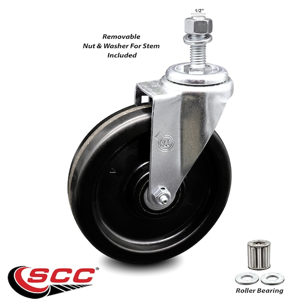 6 Inch Phenolic Wheel Swivel 1/2 Inch Threaded Stem Caster